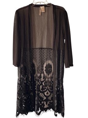 Forgotten Grace Black Sheer Lace Duster Cardigan Open Front Boho Kimono L
